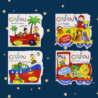 Four Caillou-themed puzzle books on a blue background with star decorations