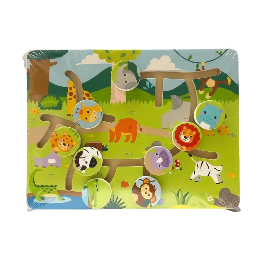 Children's puzzle with animal illustrations on a colorful packaging